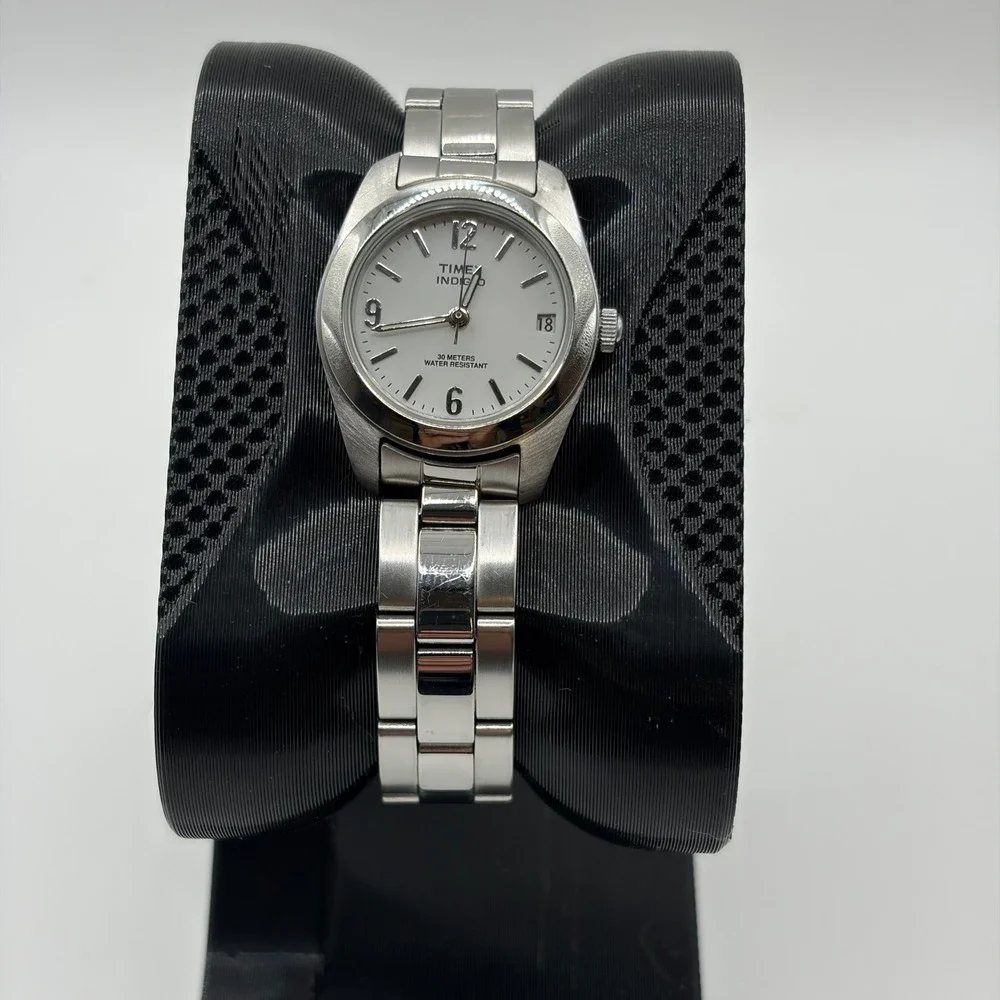Timex Indiglo Watch Women Silver White Dial Date Indiglo Casual Timepiece
